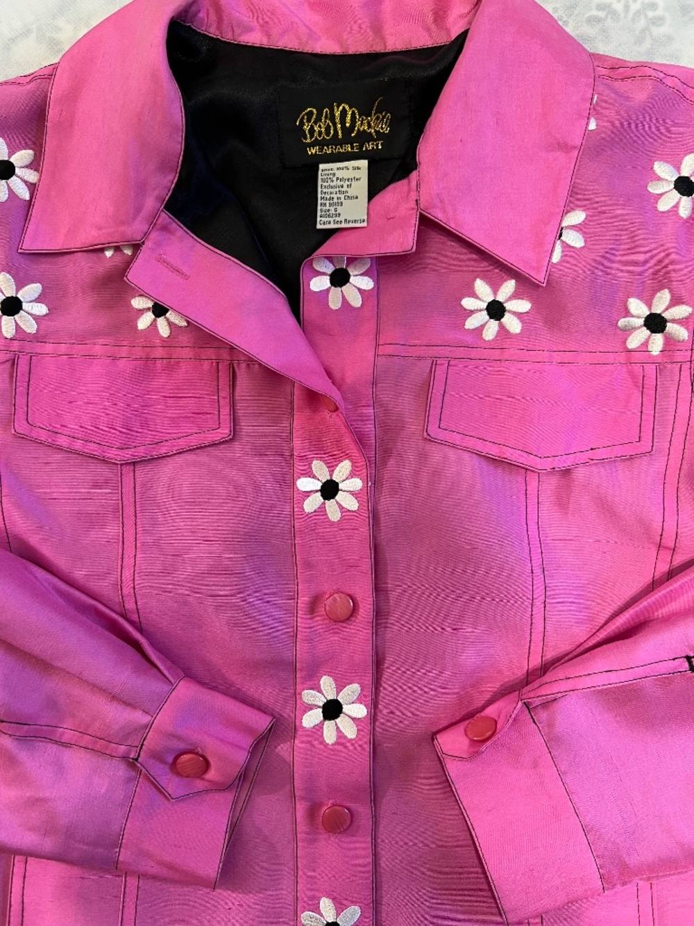 Bob Mackie Wearable Art S Pink 100% Silk Daisy Embroidered Jacket Floral‎ Retro